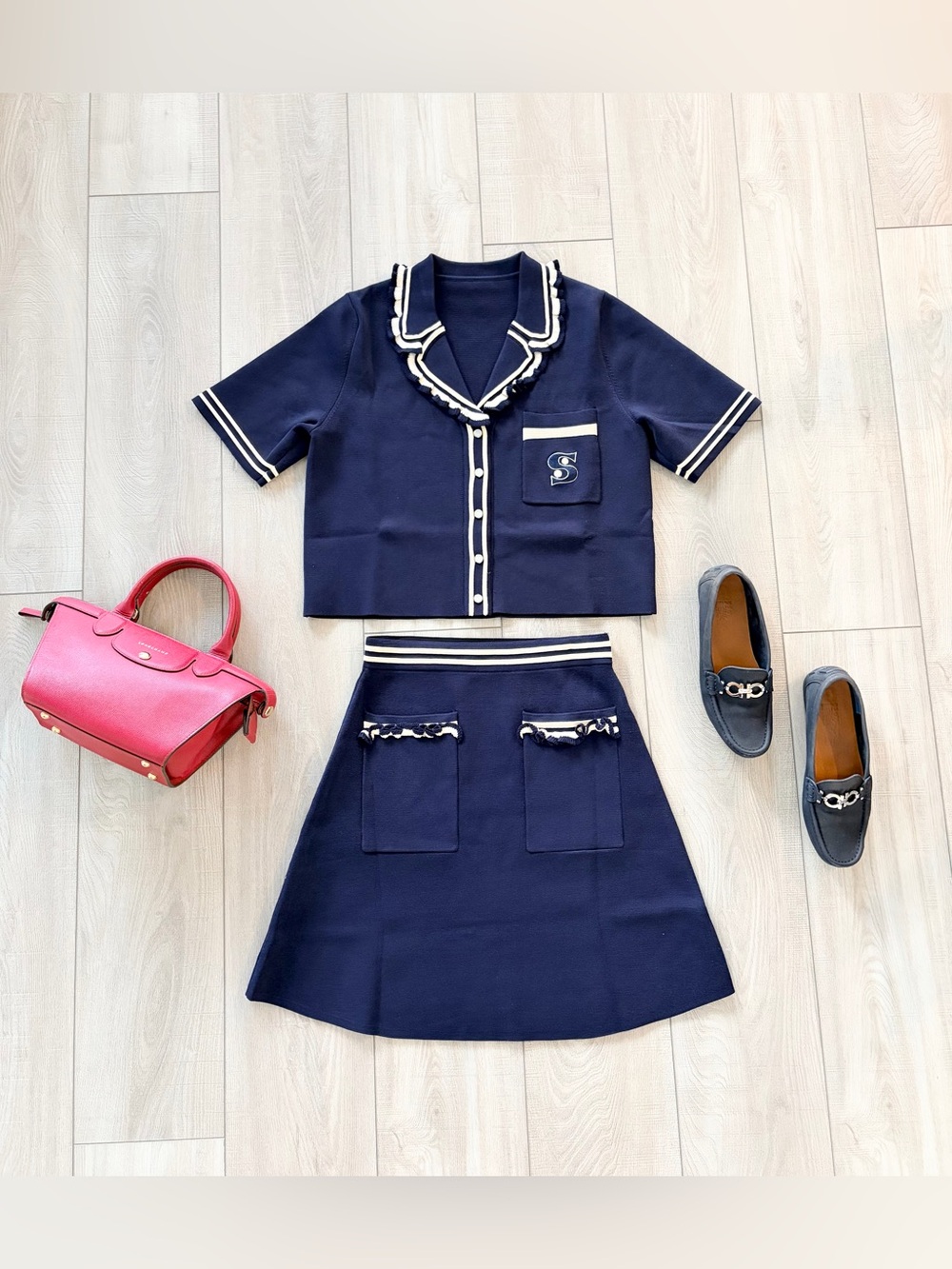 SANDRO Paris Navy Knit Two-Piece Skirt Set | Size 1 / US 4